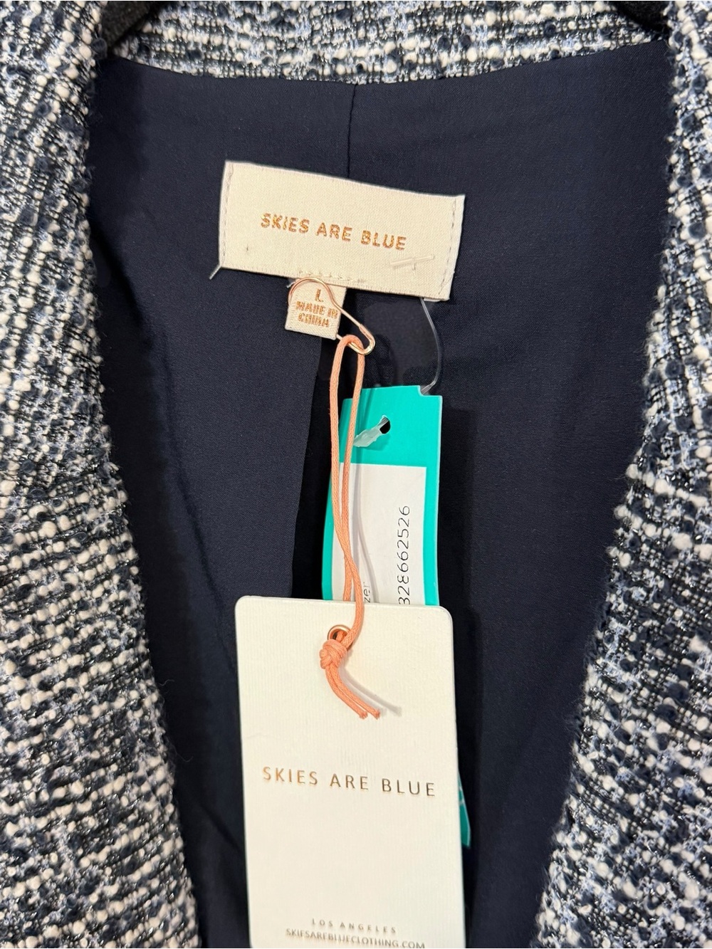NWT Skies Are Blue Tweed Blazer L Navy Cream Boucle Frayed Hem Chanel-Style - Picture 2 of 8